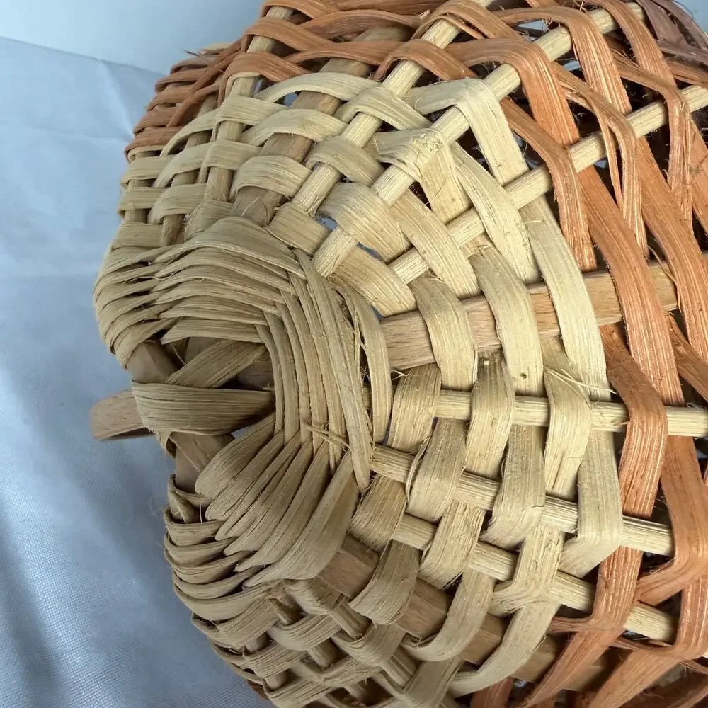 Handwoven Star Base Flat Reed Basket Two Tone Open Weave Bentwood Handle Artisan